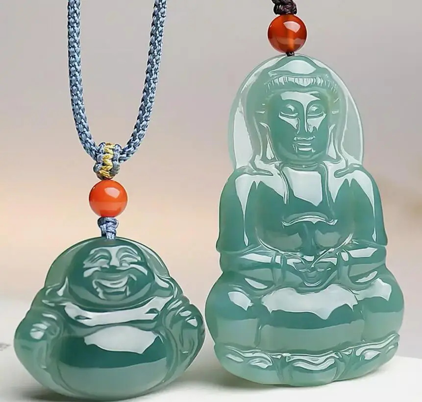 

2pc Nature Grade A Icy Green Jade jadeite Necklace Pendate Buddha Avalokitesvara