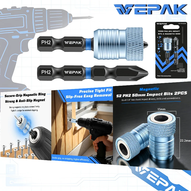 VP1PH50M PH2 50mm Magnetic Impact Screwdriver Bits, Anti-Slip Strong Magnet Drill Bits for Woodworking Electric Drill