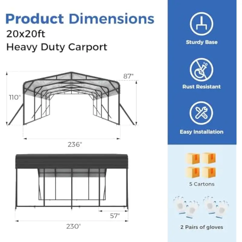 20x20 FT Reinforced Alloy Steel Canopy with Triple-Layer Trapezoidal Roof Support • Waterproof & UV-Resistant • 236x230x110 Inch