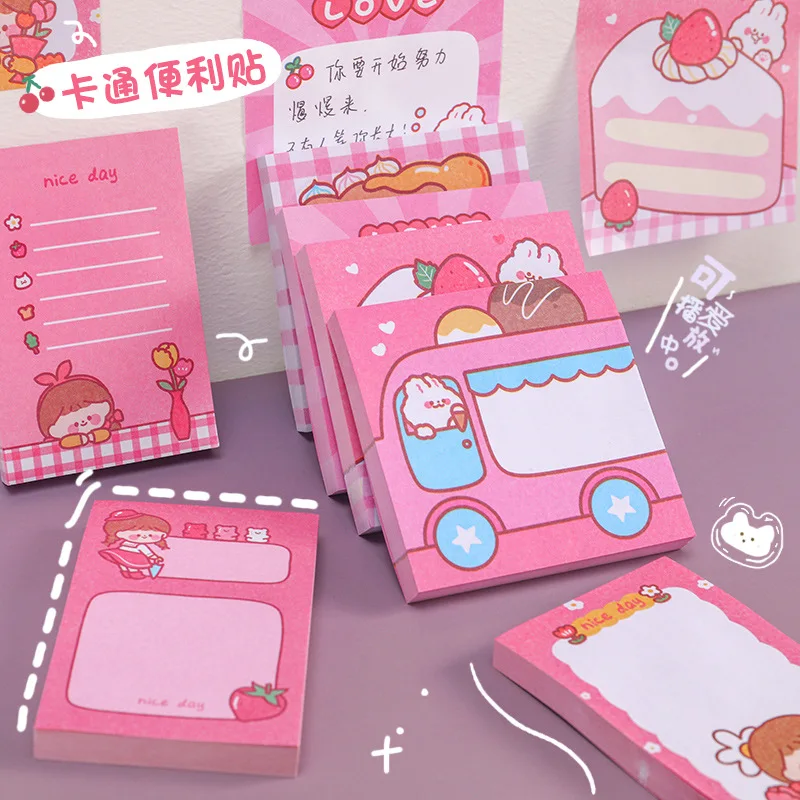 Kawaii Pink Cartoon Notepad, Cute Sticky Notes, Artigos de Papelaria Estética, Acessórios de Escritório, Papel Material, 50 Folhas