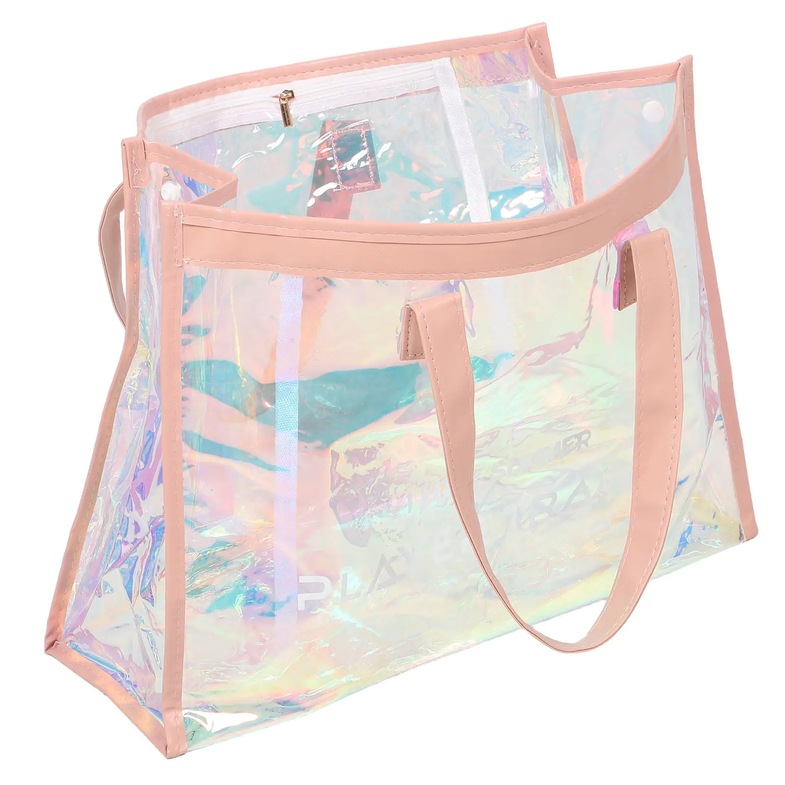 Holographic Clear Tote Bag – Iridescent TPV Waterproof Beach Handbag with Inner Pocket & Zip Closure