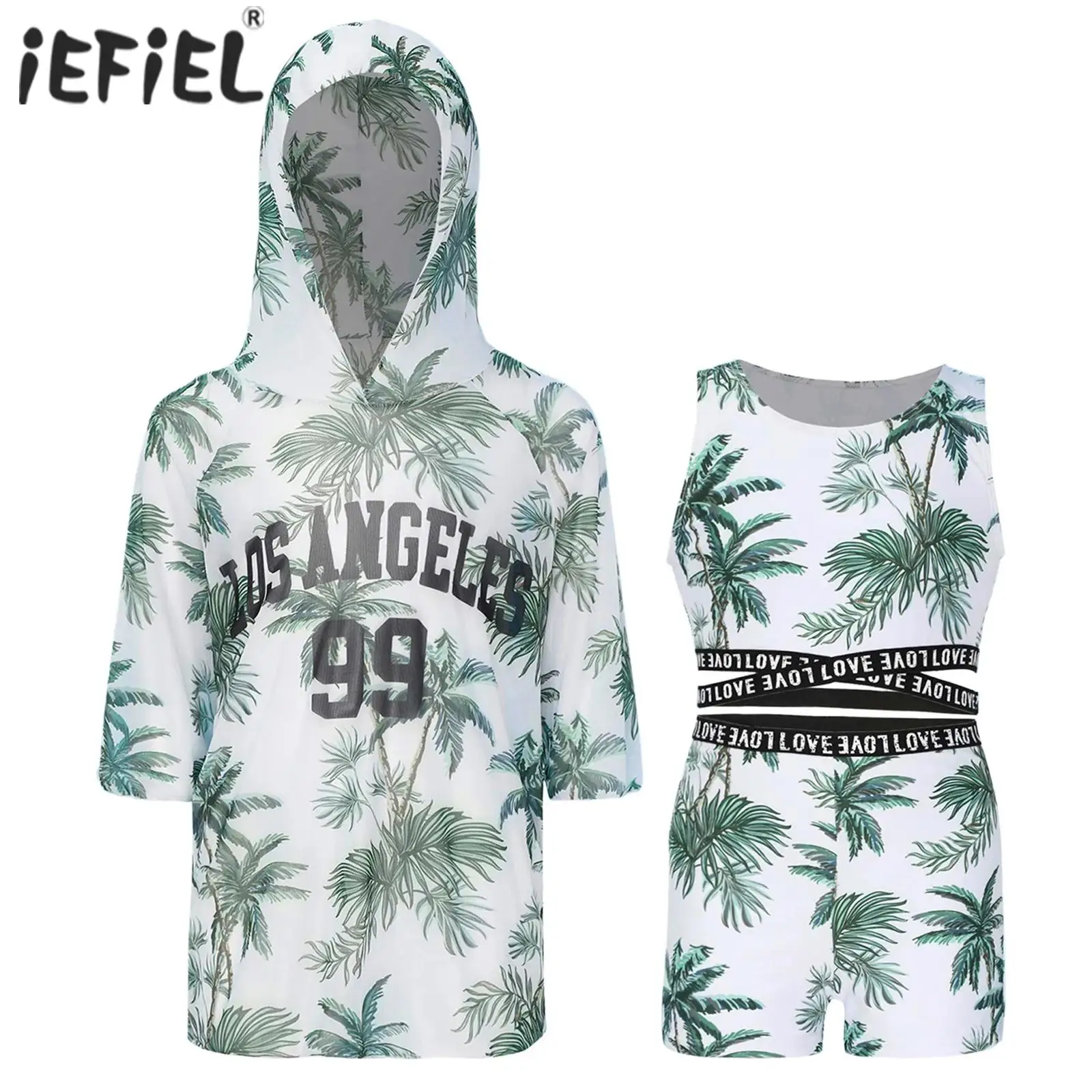 Kids Girls Swim Sets Three Pieces Swimsuit Tropical Print Tank Top with Shorts and Hoodie Cover Up Suit Summer Beach Swimwear