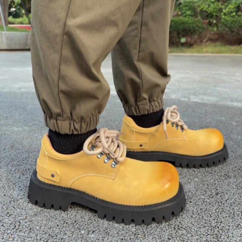 

Big Head Derby Men's Low-top Genuine Leather Sneakers New Brand Thick-soled Height-increasing Casual Brogue Tooling Oxford Shoes