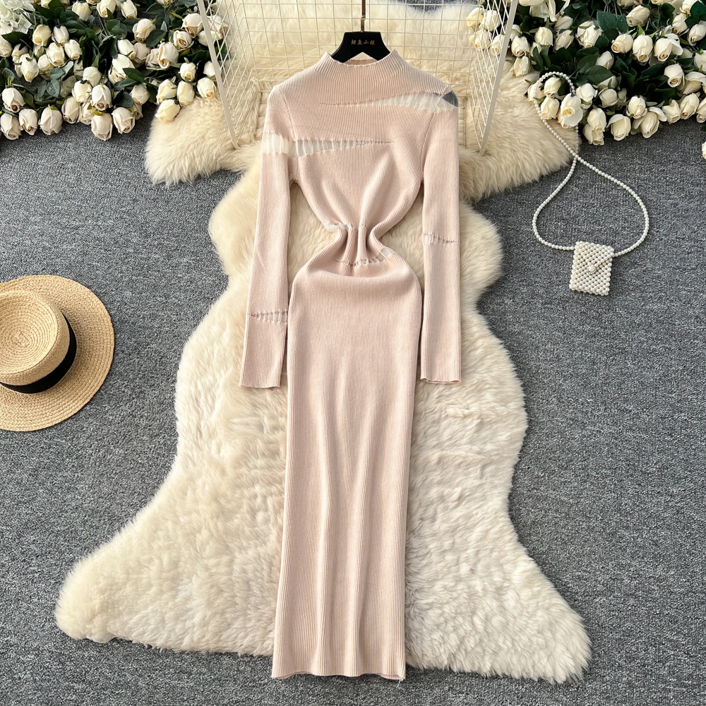 REALEFT automne hiver élégant irrégulier évider femmes robe tricotée à manches longues col roulé décontracté gaine robe portefeuille femme