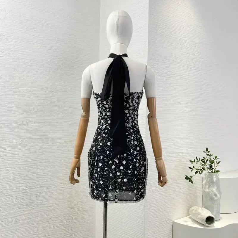 Women's Mini Dress Black Halter Sequins Flowers Tube For Party Sexy Style New High Quality 2024