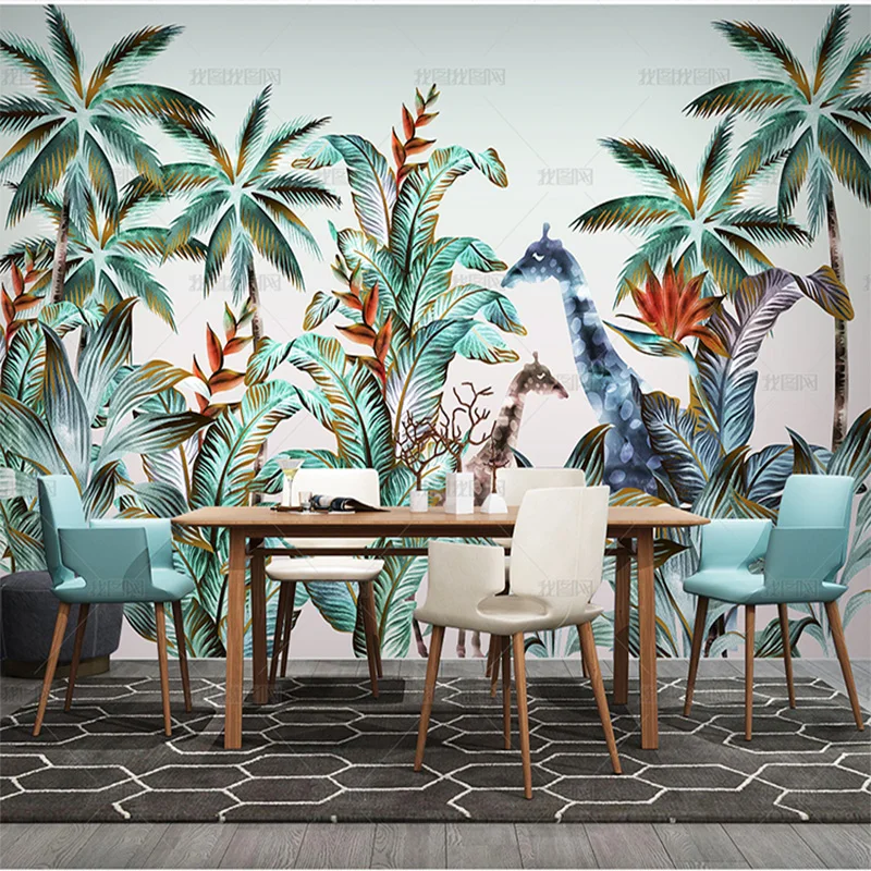 custom 3D Small fresh wallpaper forest tropical plants in Northern Europe giraffe TV living room background wall mural bedroom