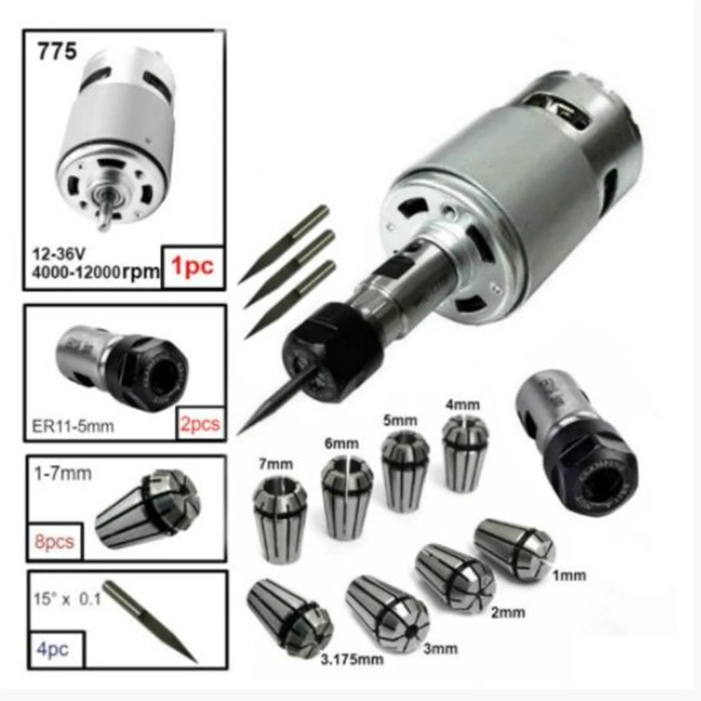 Engraving Tool Set Eight-Piece ER11 Including 775 DC Motor With Ball Bearing Spindle Extension Rod