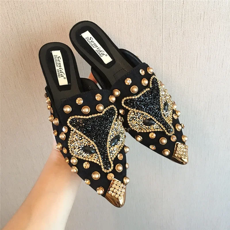 2025 New Shoes for Women Luxury Slipper Girl Outdoor Rhinestone Fox Casual Flat Sandals Girl Heels Pointed Toe Slides