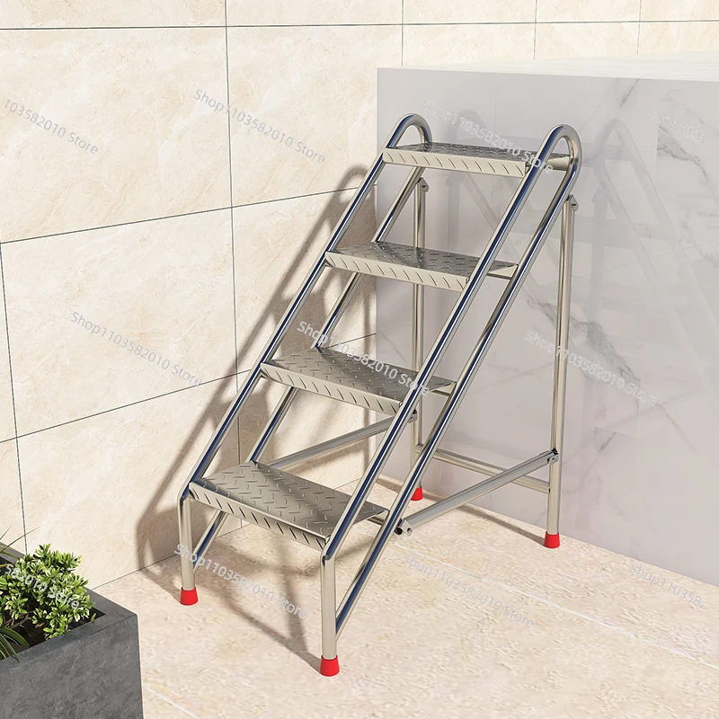 Stainless Steel Herringbone Folding Ladder, Household Up-Down Climbing Stool for Outdoor Garden & Flower Shelf Use