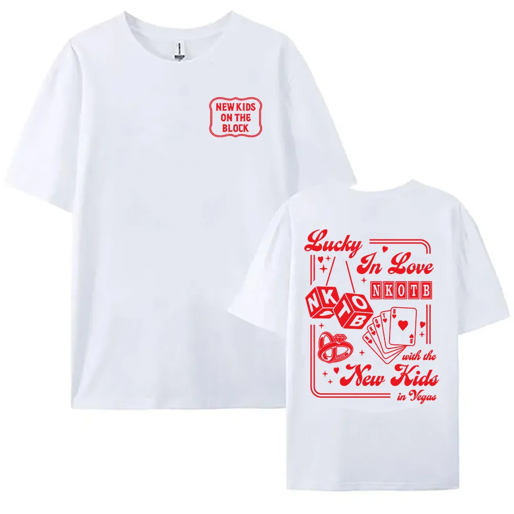 جديد أطفال على كتلة NKOTB الفرقة تي شيرت محظوظ في الحب لاس فيغاس بلايز القطن قصير الأكمام الرجال النساء تي شيرت الشارع الشهير طباعة