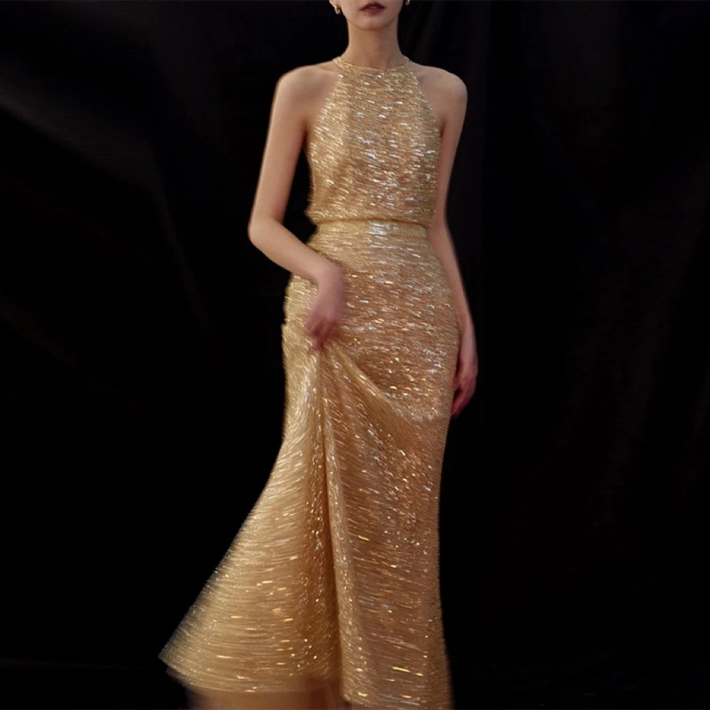 Champagne Golden Cocktail Dresses Beading Sequins O-neck Mermaid Night Party Ball Shiny Floor Length Pretty Evening Gowns