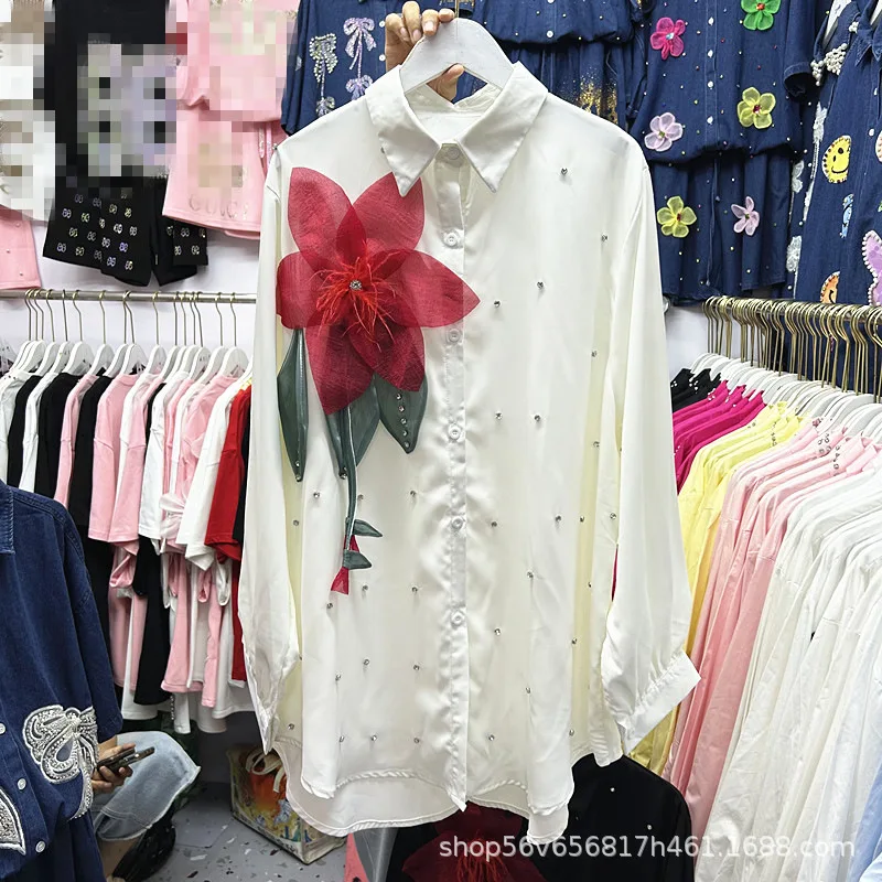 Trójwymiarowe Kwiaty Diamenty Kardigany Top Damski Jednorzędowy Luźny Długi Rękaw Bluzki Eleganckie Codzienne Koszule Damskie