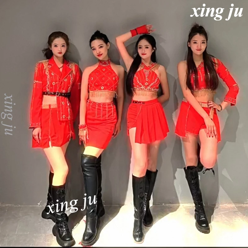

Women Group Jazz Dance Sexy Red Short Coat Slim Halter Tops Pleated Skirt Tight Shorts Nightclub DJ Stage Performance Costume