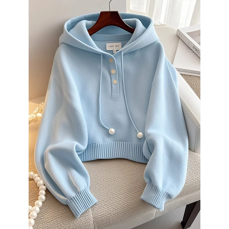 Women Clothing Hooded Loose Casual Sweatshirts Spring New Korean Fashion Sweet Chic Hoodies Lazy Style Blue Pullovers