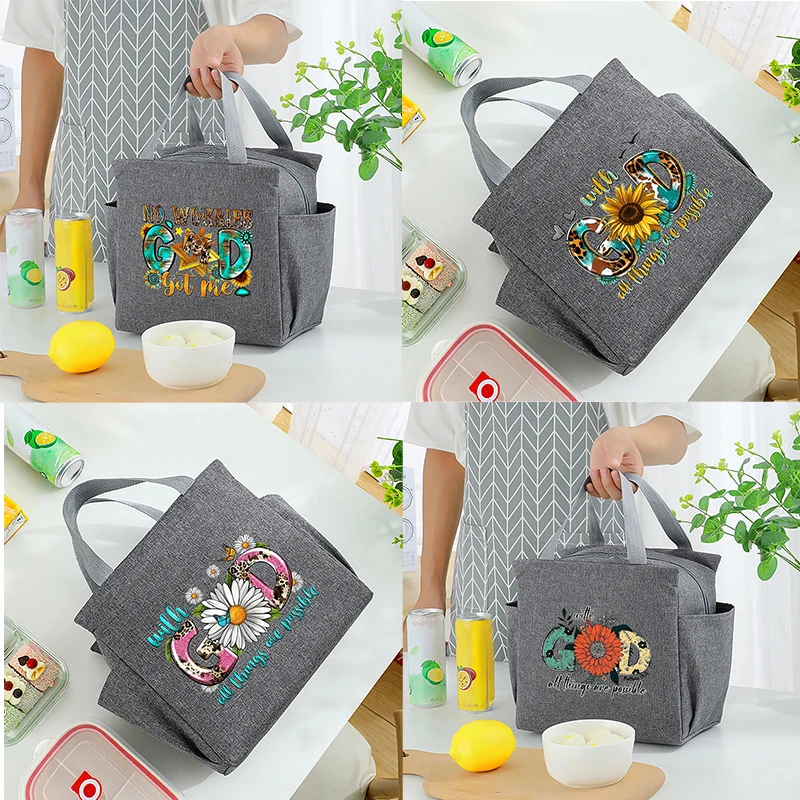 

GOD Letter printed insulated lunch bag with built-in waterproof refrigerated ice bag and large capacity commuting storage bag