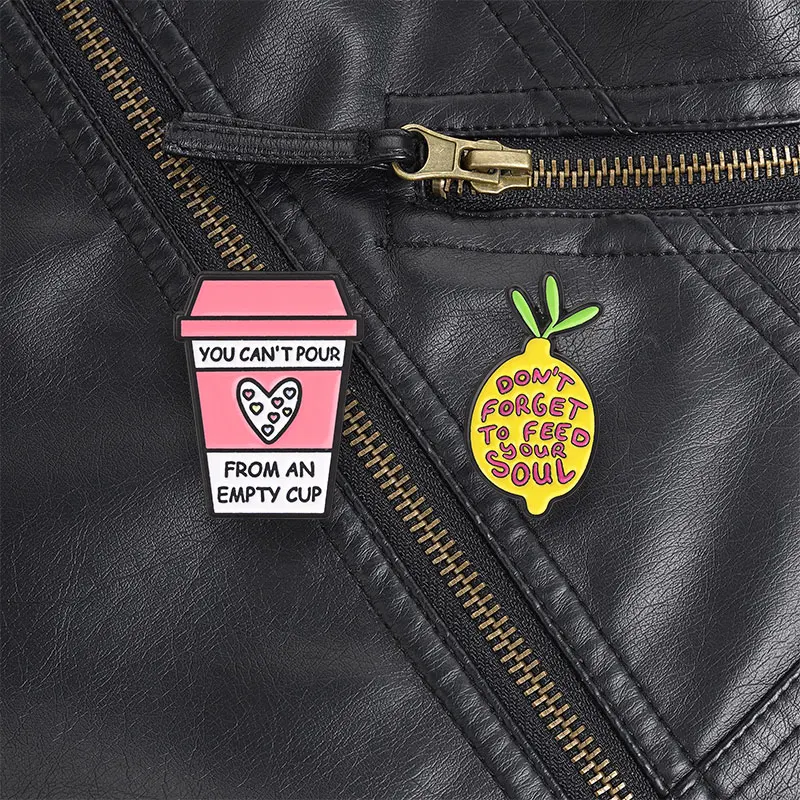 Feed Your Soul Yellow Lemon Enamel Pin, Self Care Reminder Brooch For Mental Health And Encouragement Gift Style