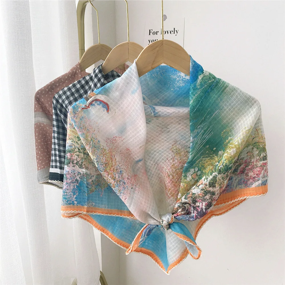 90cm Women Cotton Small Fresh Silk Fake Collar Summer Thin Sunscreen Square Towel Shoulder Shawl Spring Autumn Scarf Decoration