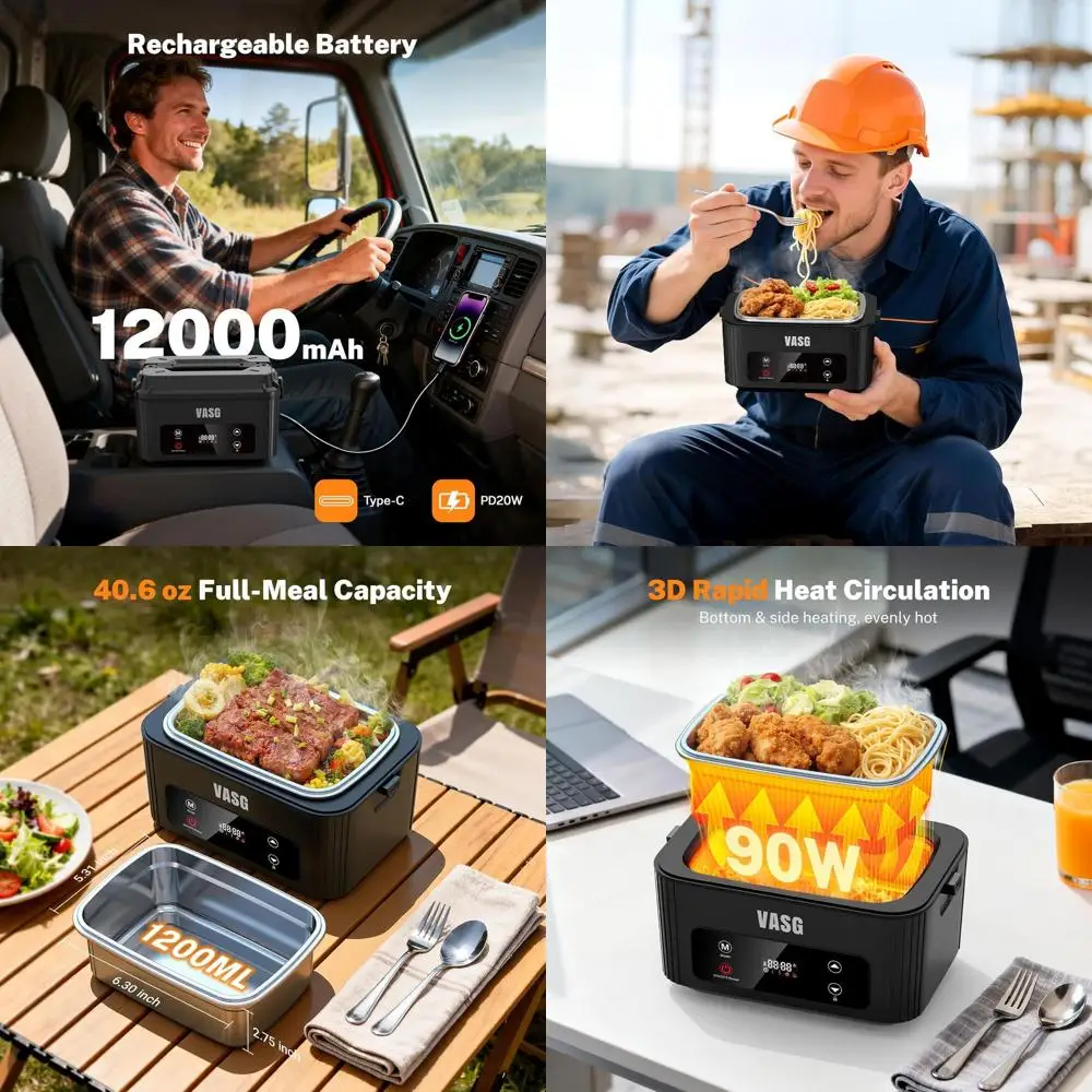 Calentador de Comida Eléctrico Inalámbrico XXL de 5.1 Tazas, Batería de 12000 mAh, 360 ° Calentador, Temporizador y Pantalla LCD para Comidas en Movimiento