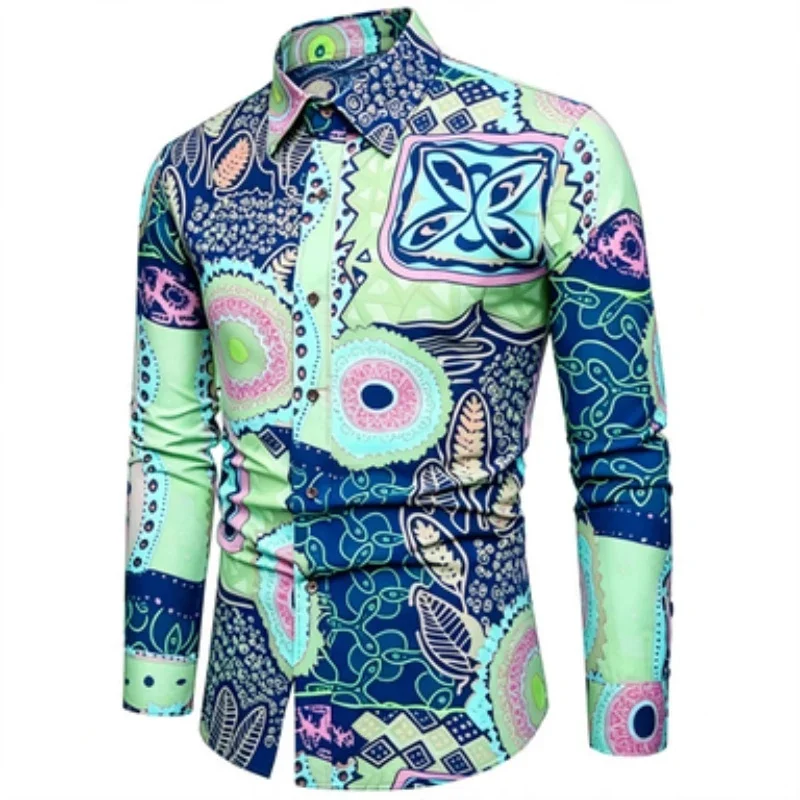 Men's long sleeved shirt trend men's slim fit long sleeved shirt printed collar shirt European and American vacation street men'