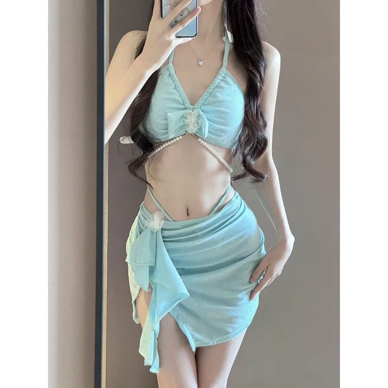 Women's Bikini Set Light Blue Glitter Halter Bow Top With Pearl Chain With Floral Decor Sexy Summer Beach Bathing Suit Swimwear