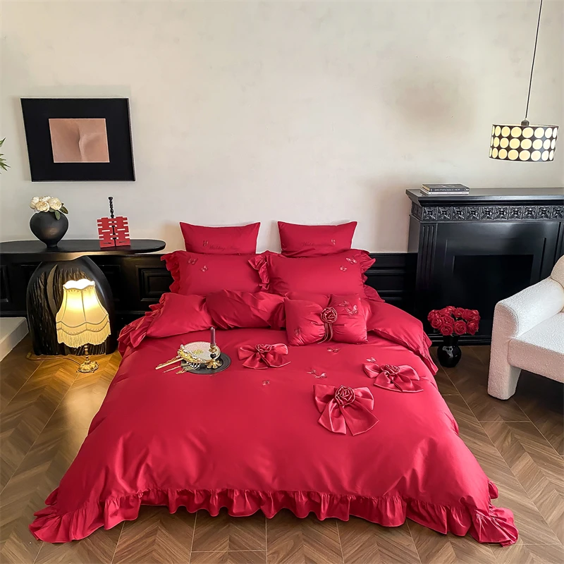 Red Luxury Princess Wedding Ruffles Bow Bedding Set 1000TC Egyptian Cotton Duvet Cover Flat/Fitted Bed Sheet Pillowcases 4Pcs