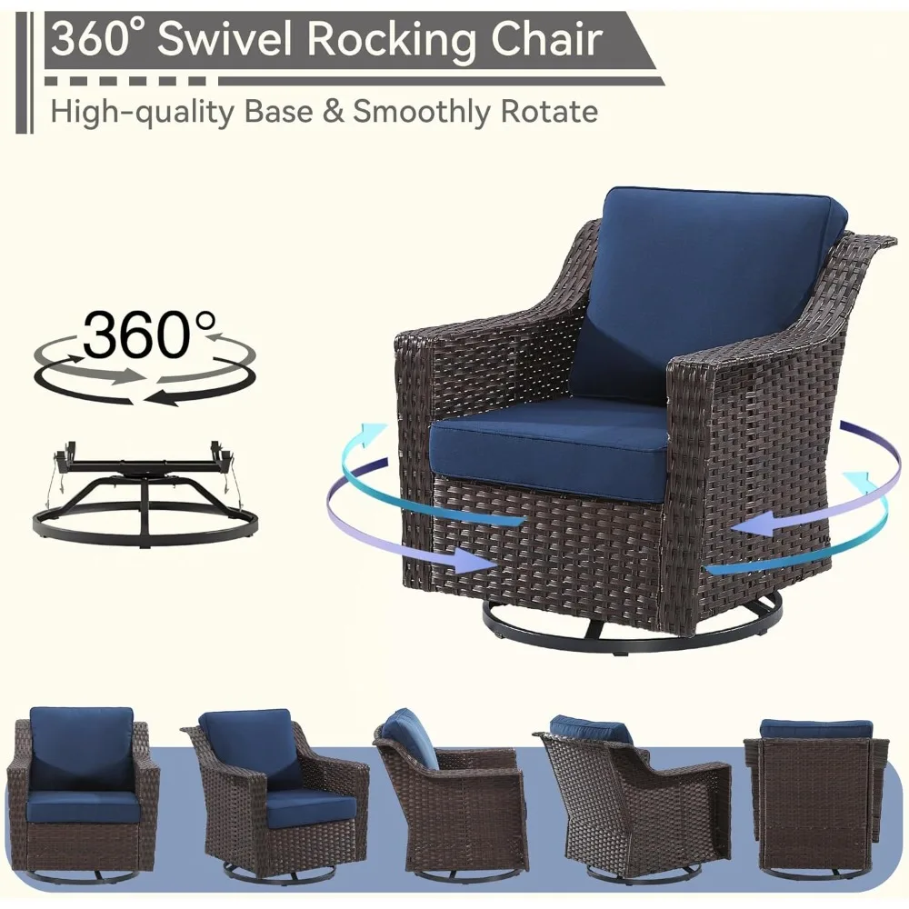 Cadeiras de balanço giratórias de 3 peças ao ar livre com mesa lateral combinando, conjunto de móveis de pátio com almofadas de assento premium de 4" para jardim