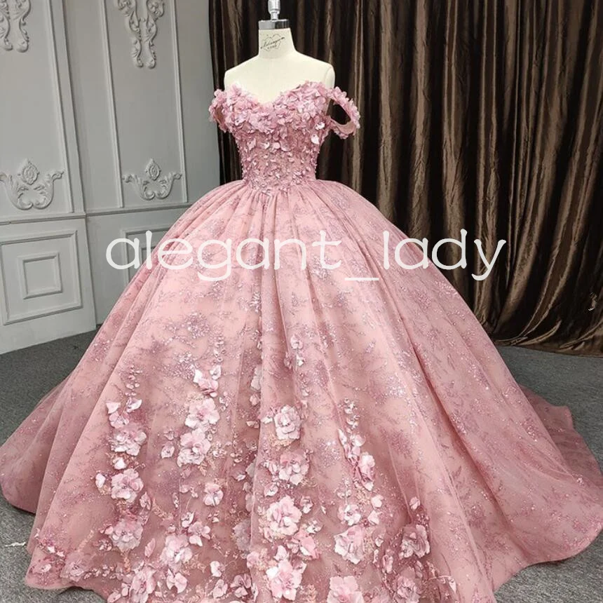 

Rose Pink 3D Floral Quinceanera Dresses Off Shoulder Full Lace Chapel Train Applique Corset Prom vestido de debutante 15 anos