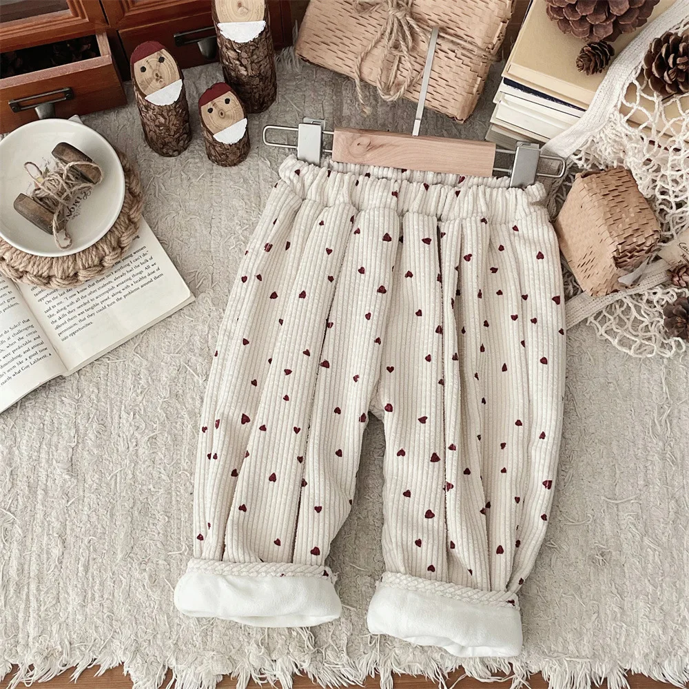 Baby Pants 2024 Winter Heart Print Girls Corduroy Pants Plus Velvet Thick Infant Loose Warm Trousers Toddler Clothes