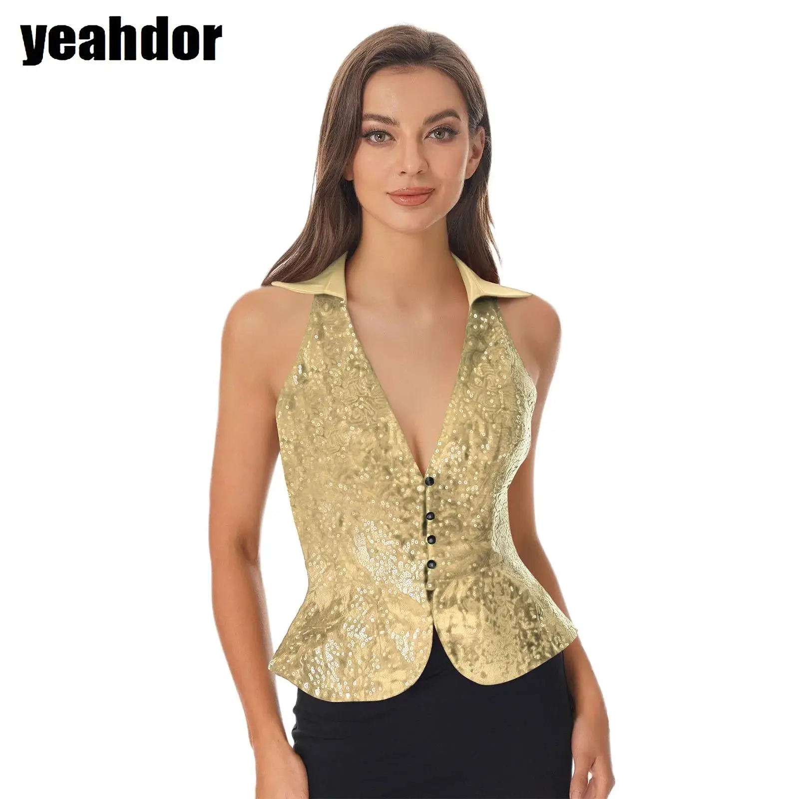 Women Shiny Sequin Vest Lapel Sleeveless Glitter Suits Waistcoat Top Rave Music Festival Jazz Dance Party Banquet Night Clubwear