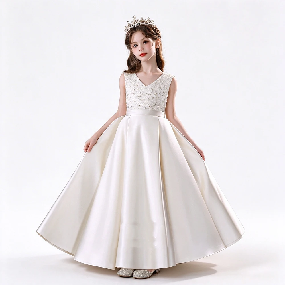 Girls Prom Banquet Birthday Model Show Dress Backless Sleeveless V Neck Princess Elegant Pageant Evening Party Dresses For Kids