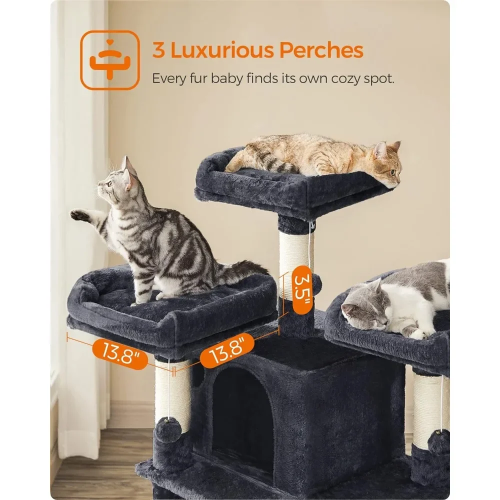 67-Inch Multi-Level Cat Tree for Large Cats, with Cozy Perches, Stable, Smoky Gray .