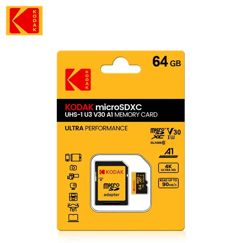 KODAK Micro SD-geheugenkaart 512 GB 256 GB TOT 90 MB/s Class10 U3 32 GB 64 GB 128 GB TF-kaart 4 K HD Voor USB-kaartlezeradapter Microsd