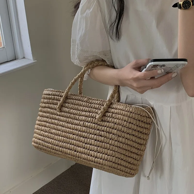 

Пляжная сумка-тоут для отпуска, стильная, с завязками, большая вместимость, сумка на плечо, соломенная сумка ручной работы, плетеная сумка-корзина