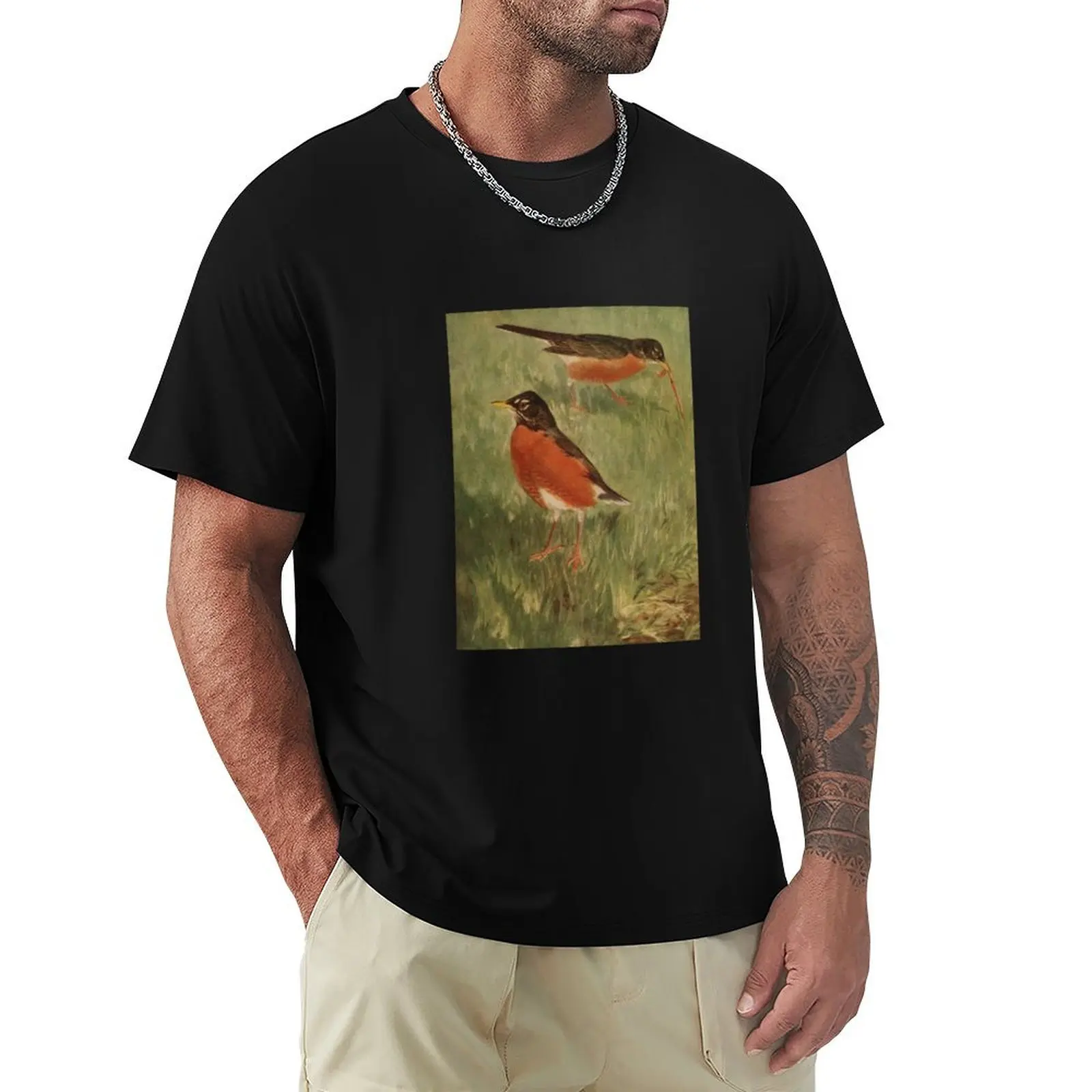 Two Robins Catching Worms T-Shirt Plus Size Loose Short Sleeve Top