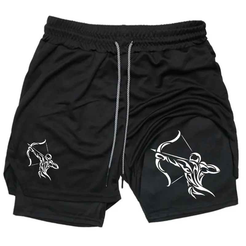 Archery Print 2 in 1 Running Workout Shorts for Men Gym Performance Shorts with Phone Pocket Towel Loop Athletic Activewear