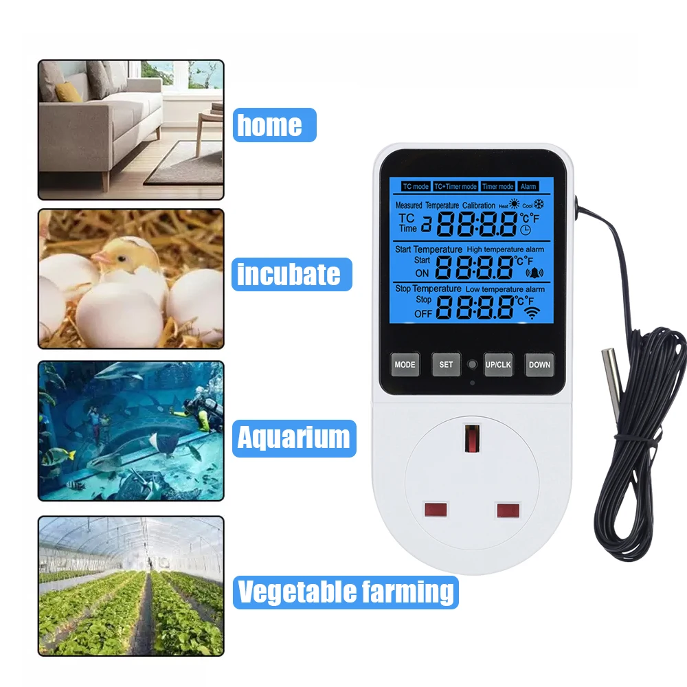 Thermostat Timing Socket Multi-Function Temperature Controller Outlet With Timer Switch Sensor Probe Heating Cool Regulator