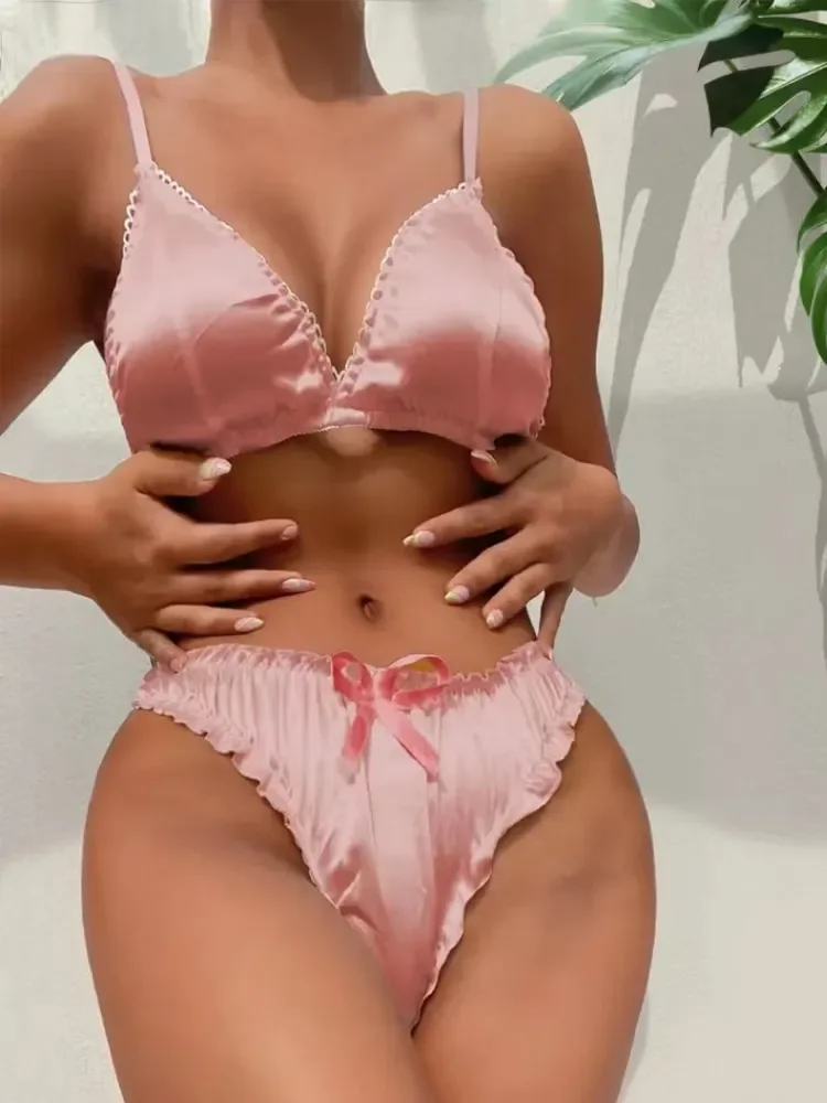 Sexy coração impresso lingerie conjuntos para mulheres, cetim seda sutiã e calcinha, pijama conjunto, pijamas macios, trajes Babydolls eróticos, plus size