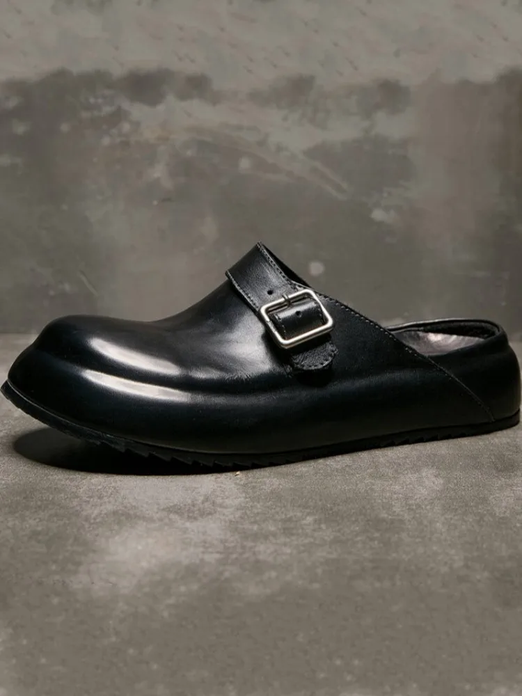 New Fashion Mens Close Toe Thick Platform Slides Horsehide Genuine Leather Slippers Vintage Business Casual Work Slip On Loafers