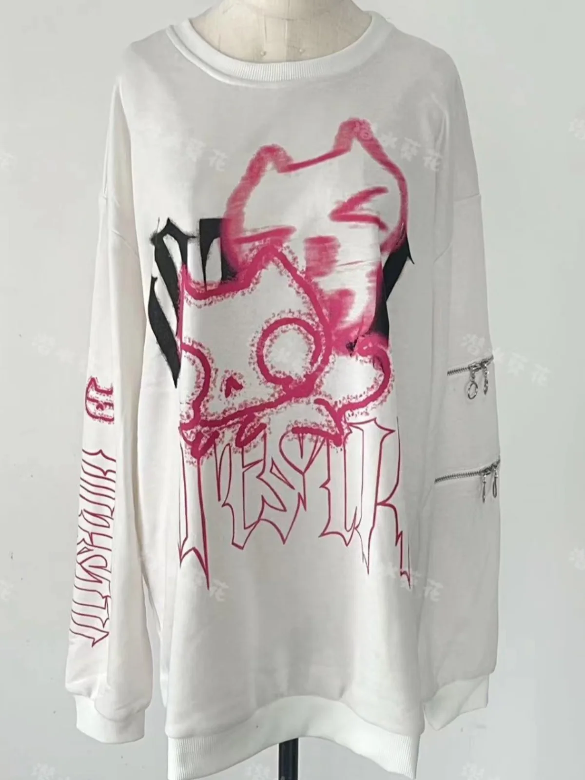 Cartoon Print Long Sleeve Sweatshirt Women Autumn Cute Subculture Anime Double Zipper Long Sleeve Round Neck Sports Shirt Tops