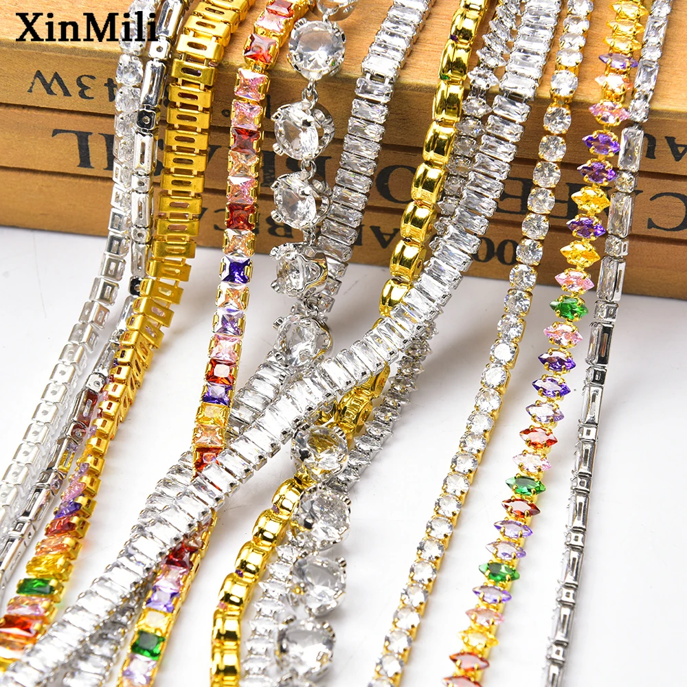 Sparkling Rectangle Square Zircon Crystal Chain Silver Base Dense Zirconia Jewelry Trim For Nail Art Necklace Clothes Decoration