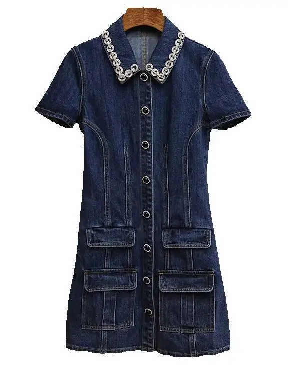 

Spring/Summer Women Turn-down Collar Beaded Short Sleeve Pocket Solid Denim Dress Single Breasted High Waist A-line Mini Dress