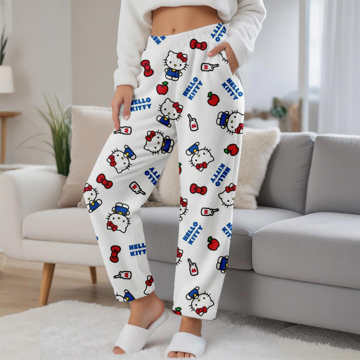 

25-26 новые пижамные штаны Sanlio Hellokitty, свободные штаны в стиле аниме, повседневные удобные домашние штаны для пар с героями мультфильмов, теплые штаны для родителей и детей