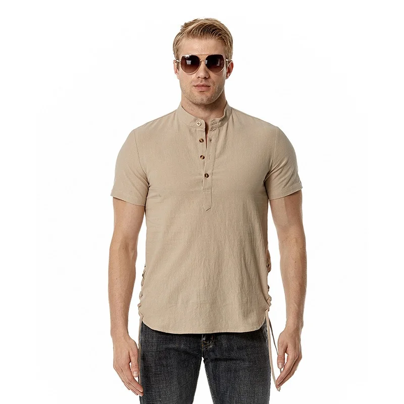 Cotton Beach Shirt Men's Casual Standing Collar Slim Short-sleeved