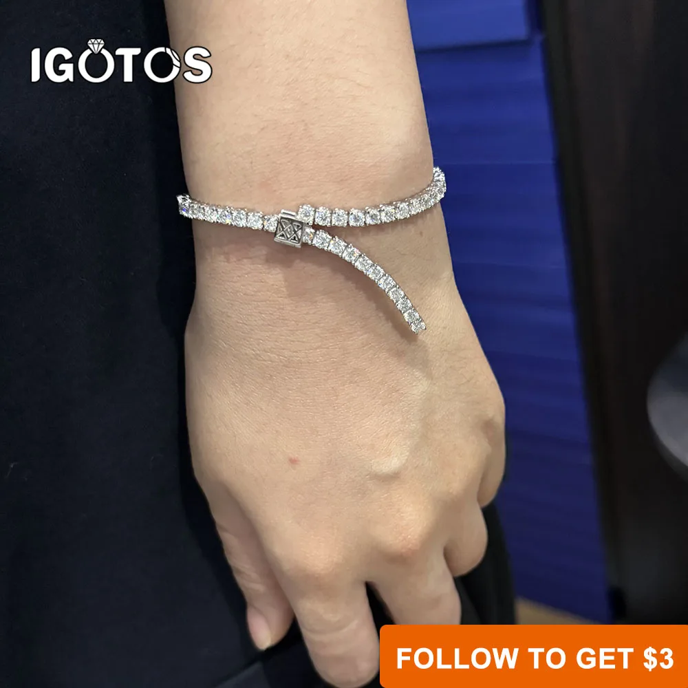

IGOTOS 925 Sterling Silver Adjustable Round Moissanite Tennis Bracelet Women 3mm Full Diamond Trendy Bangles Party Gift Jewelry