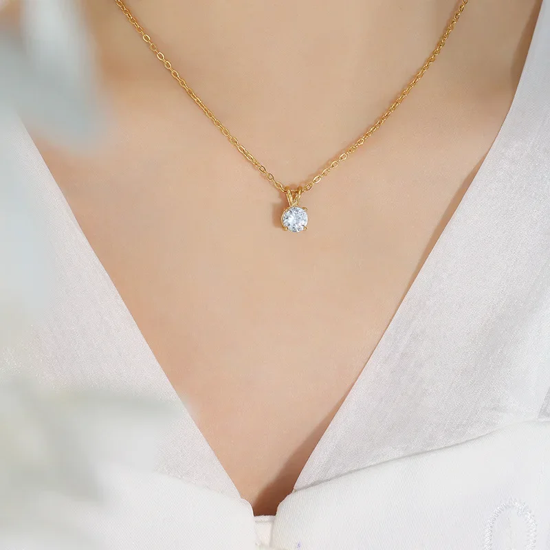 Exquisite Geometric Circle Crystal Pendant Necklace for Women Luxury Gold Color Stainless Steel Collar Bride Jewelry Colorfast