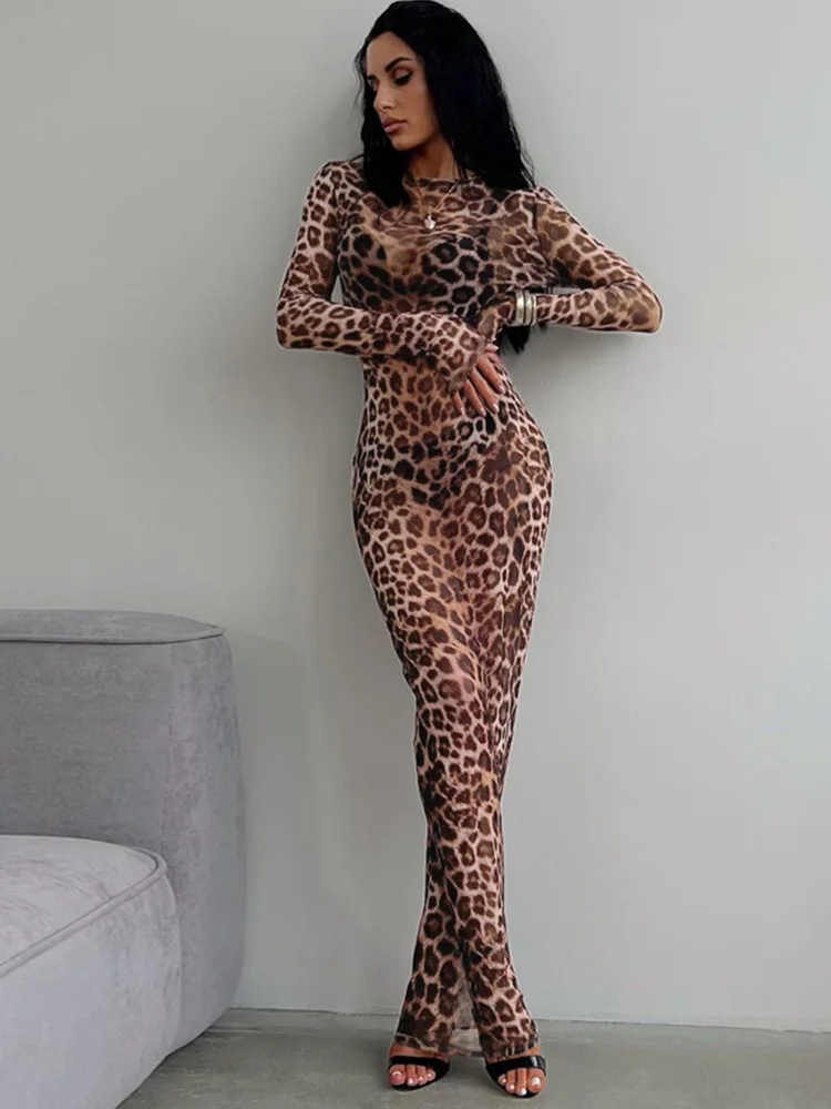 

Women 2024 Summer Leopard Print Mesh Dress Streetwear Fashion Sexy O-neck Long Sleeve See-through Slim Holiday Party Dresses