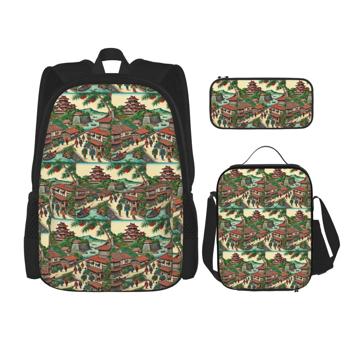 Ryukyu Kingdom Castle Town Walk Backpacks Children Bookbag School Bags Rucksack Lunch Bag Pen Bag Three-Piece Set
