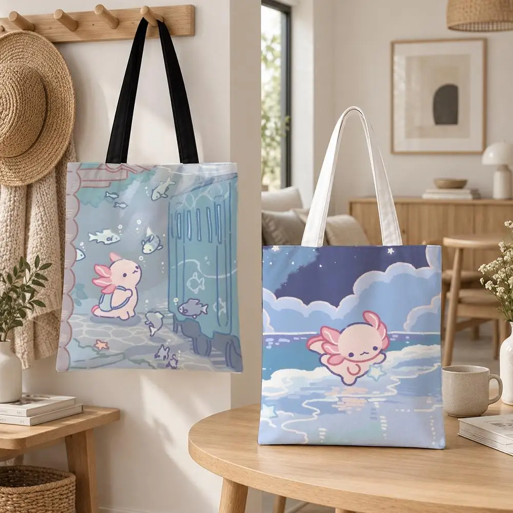 Creature Axolotl Storage Bags Storage Bags Canvas for Women Reusable Shoulder Shopping Bag for School Gifts