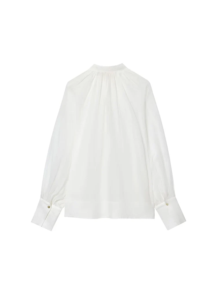 Europese en Amerikaanse stijl herfst nieuwe dameskleding 2025, modieus topshirt met opstaande kraag en lantaarn met lange mouwen