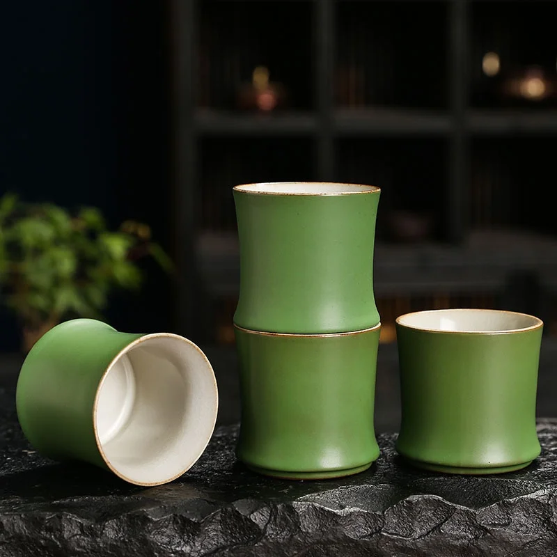 Chinese Kung Fu Teacup Set 1-3pcs 90ml Green Ceramic Opening Cups Bamboo Teaware For Tea Ceremony 2